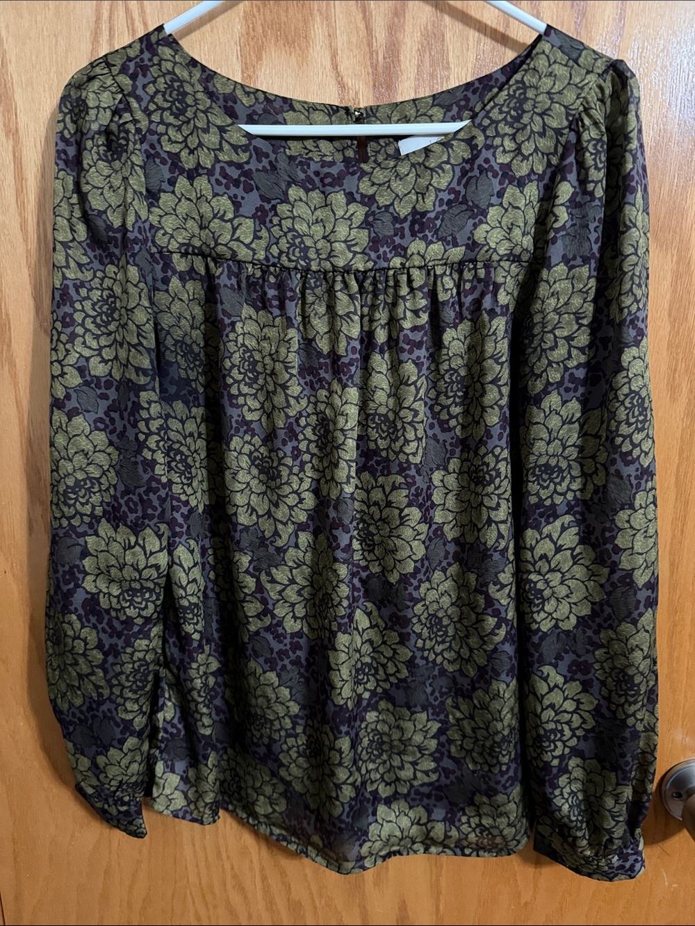 LOFT Olive Green and Maroon Floral Peasant Blouse